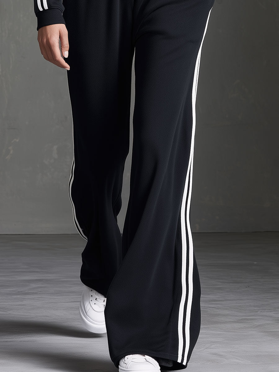 Casual Retro Color-blocked Trim Black Long-sleeved V-neck Button Cotton Jumpsuit