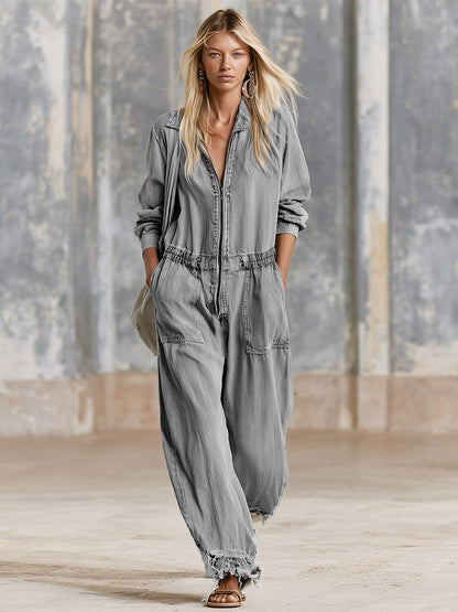 Casual Everyday Silhouette Grey Denim Long-sleeve Jumpsuit