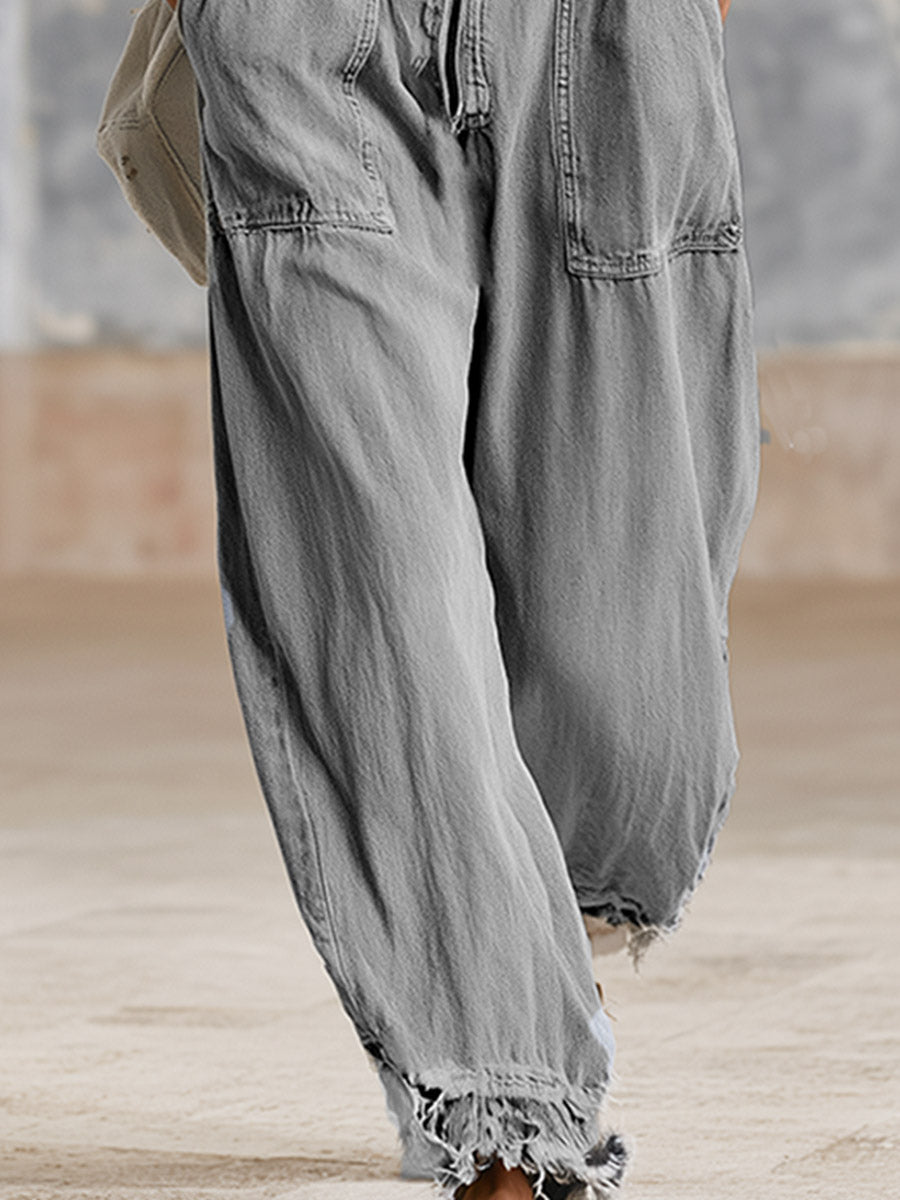Casual Everyday Silhouette Grey Denim Long-sleeve Jumpsuit