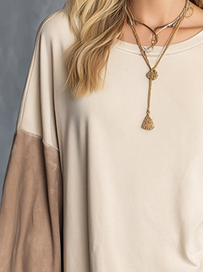 Casual Everyday Beige-Apricot Cotton-Patchwork Faux Suede Long-Sleeve Mini Dress