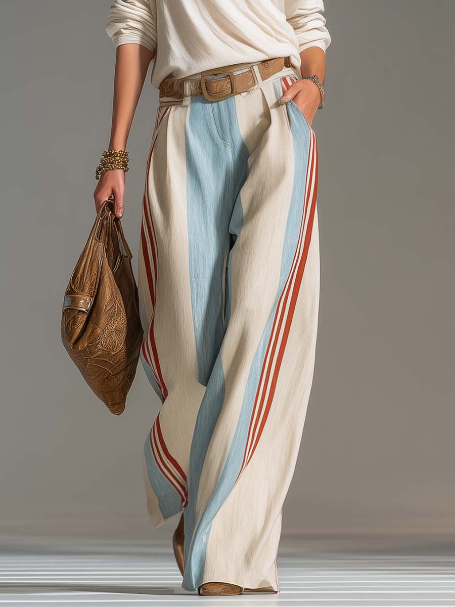 Retro Western Striped Cotton-Linen Wide-Leg Pants