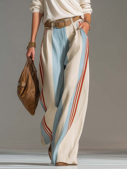 Retro Western Striped Cotton-Linen Wide-Leg Pants