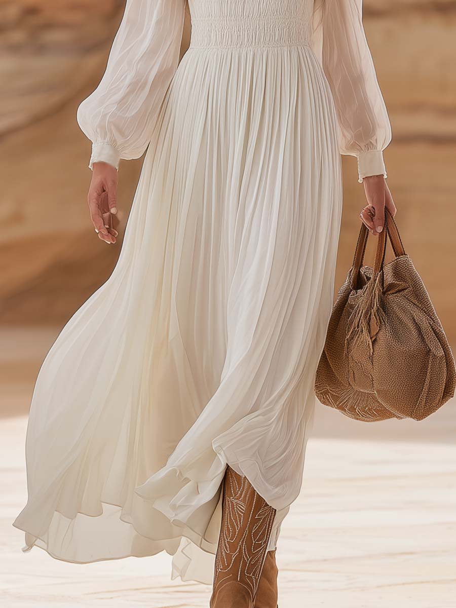 Boho Western Ivory Smocked Pleated Chiffon Maxi Dress