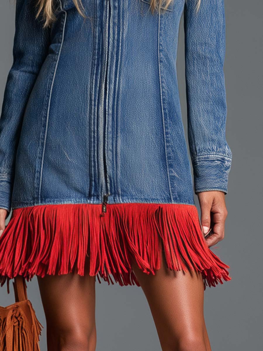 Western Blue Denim Zip-Front Red Suede-Fringe Mini Dress