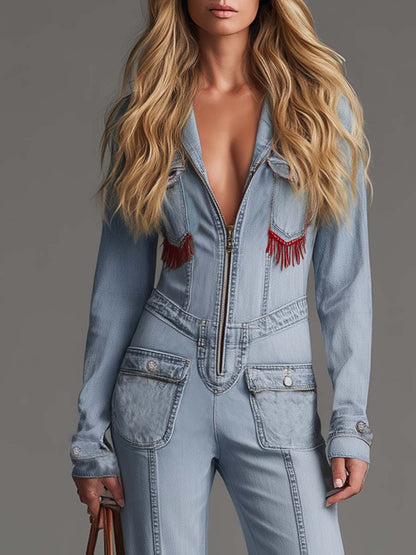 Retro Western Blue Denim Red-Fringe Zip-Front Wide-Leg Jumpsuit