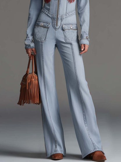 Retro Western Blue Denim Red-Fringe Zip-Front Wide-Leg Jumpsuit