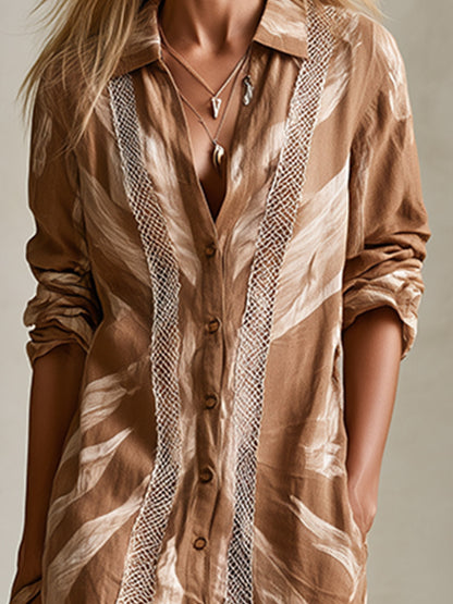 Vintage-style Boho Lace-trimmed Khaki Printed Cotton-linen Maxi Dress