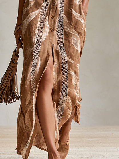 Vintage-style Boho Lace-trimmed Khaki Printed Cotton-linen Maxi Dress