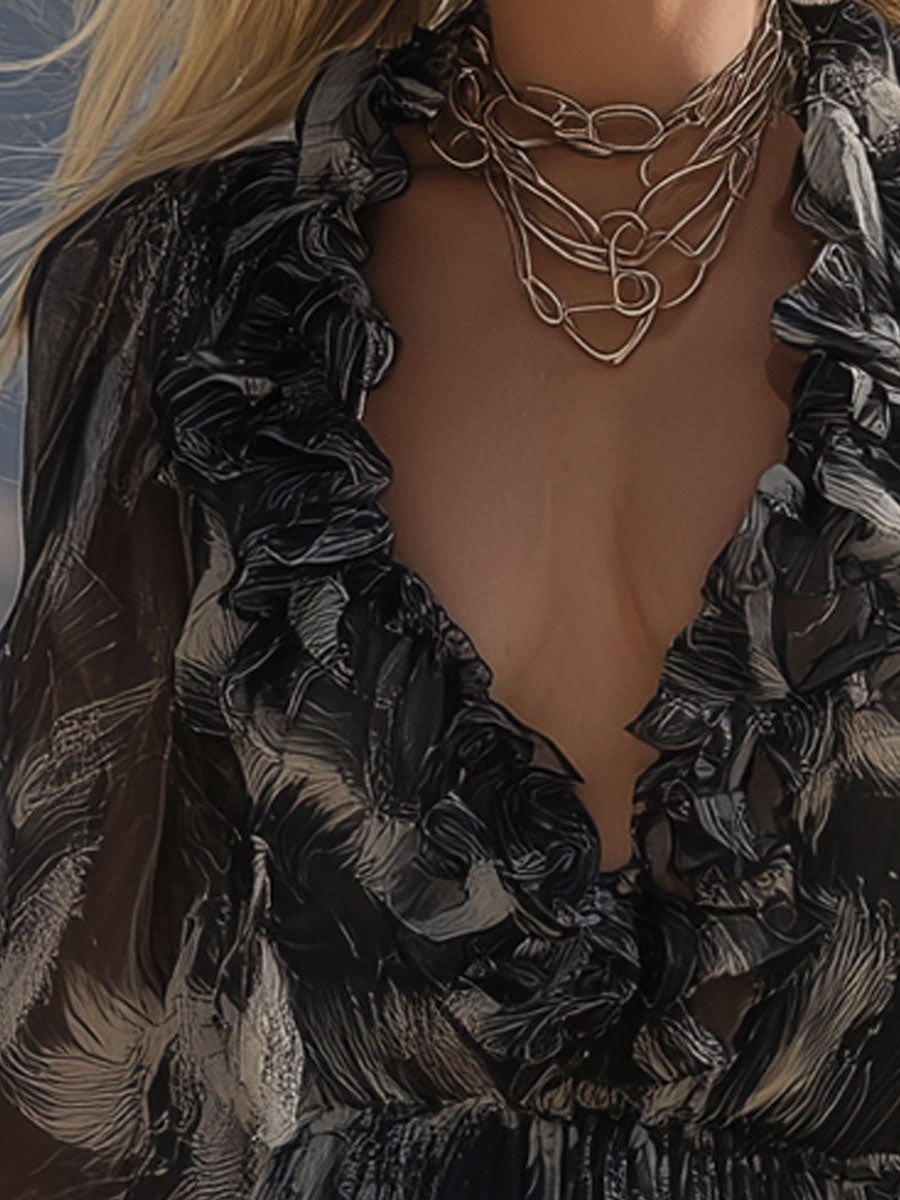 Western Retro White Feather Print Black Ruffled V-neck Chiffon Mini Dress