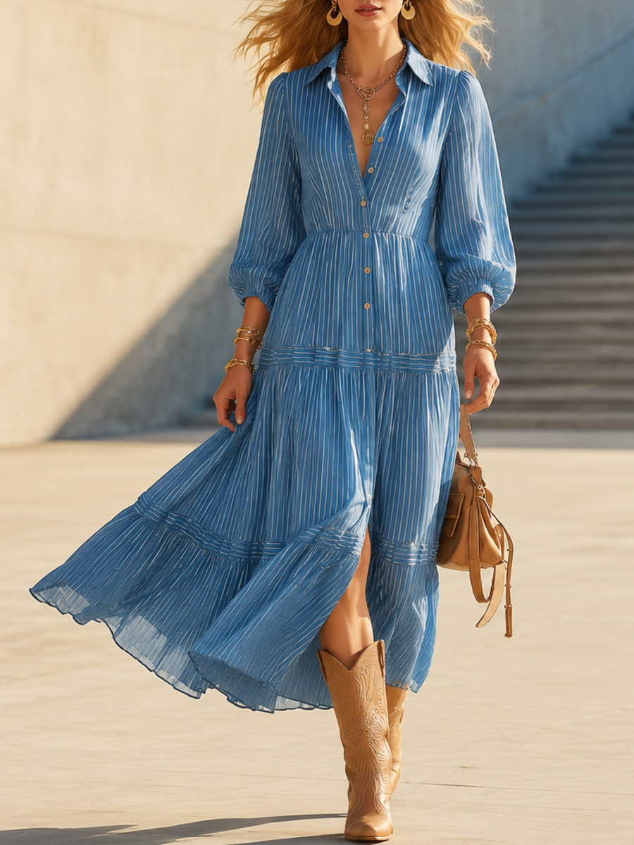 Blue Striped Chiffon Maxi Skirt With A Retro, Casual, And Elegant Style