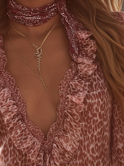 Western Retro Pink Leopard Print Ruffled V-Neck Chiffon Blouse