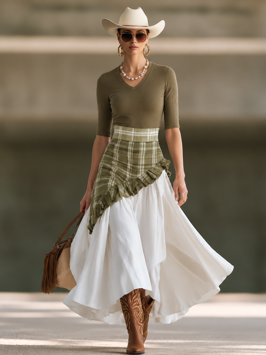 Retro Casual Western-Style Plaid Patchwork Skirt Set
