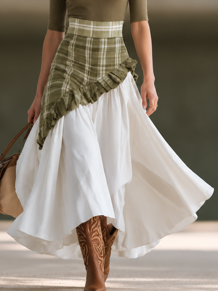 Retro Casual Western-Style Plaid Patchwork Skirt Set