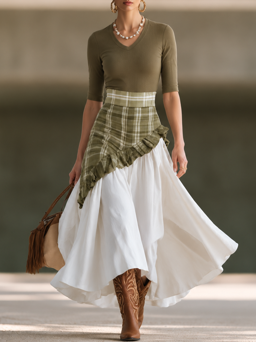 Retro Casual Western-Style Plaid Patchwork Skirt Set