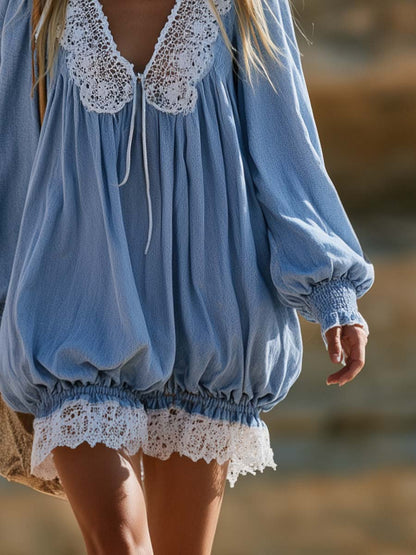 Boho Western Blue Denim Lace-Trim Long-Sleeve Bubble Mini Dress