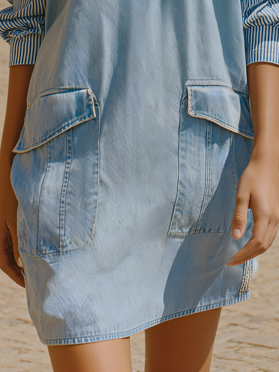 Washed Blue Denim Pullover Dress With Stand-up Collar And Half-zip Workwear Skirt