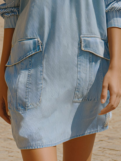 Washed Blue Denim Pullover Dress With Stand-up Collar And Half-zip Workwear Skirt