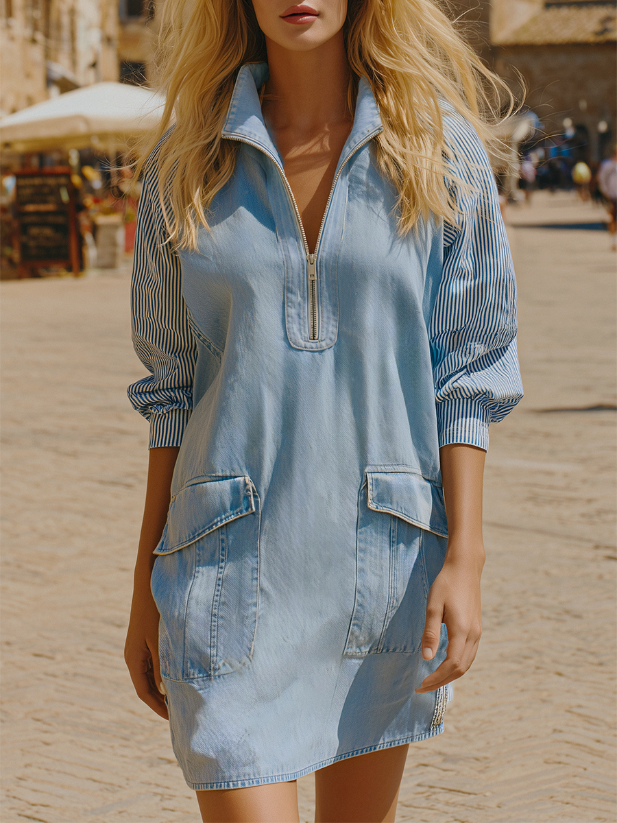 Washed Blue Denim Pullover Dress With Stand-up Collar And Half-zip Workwear Skirt