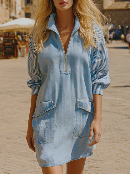 Washed Blue Denim Pullover Dress With Stand-up Collar And Half-zip Workwear Skirt