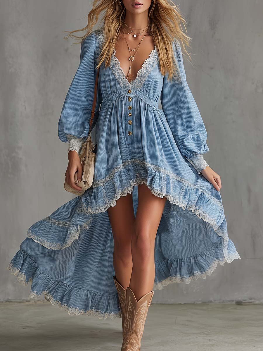 Boho Western Blue Striped Lace-Trim High-Low Maxi Dress