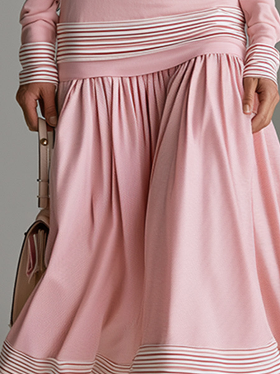 Retro Sporty Striped Trim Pink Half-zip Long-sleeved Cotton Maxi Dress