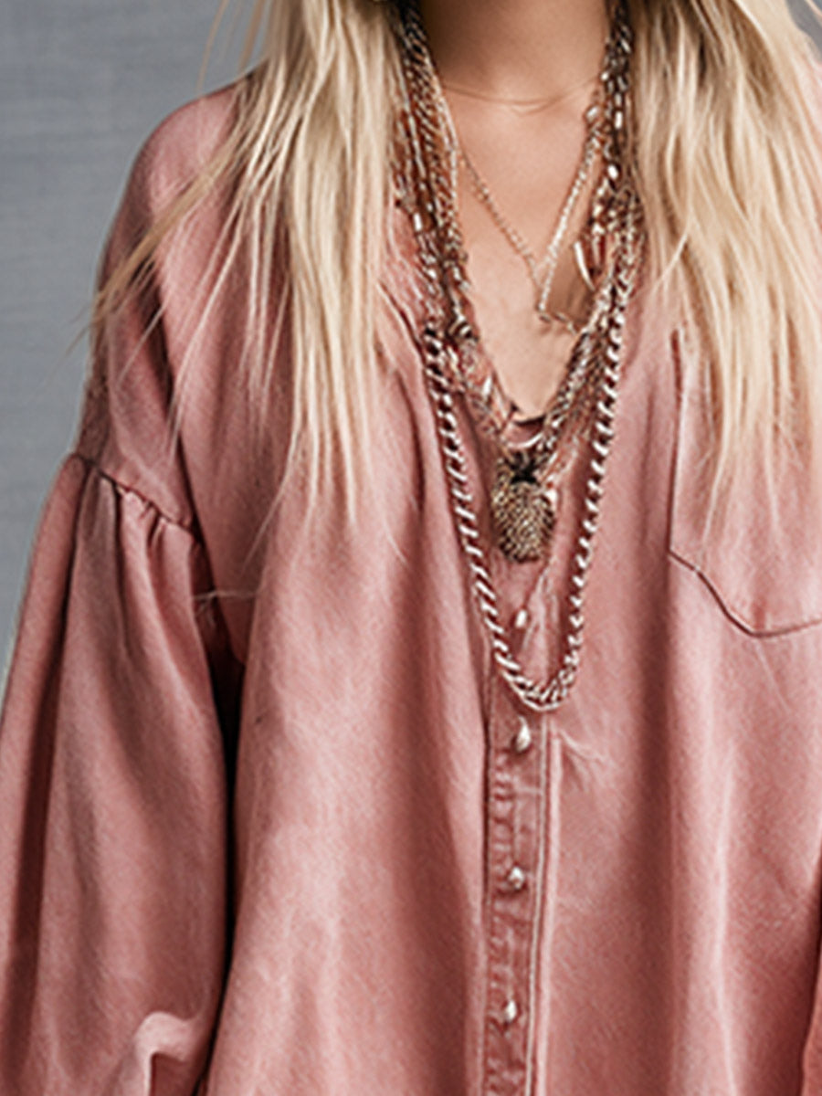 Casual-Chic Dusty Pink Denim Button-Front Long-Sleeve Mini Dress