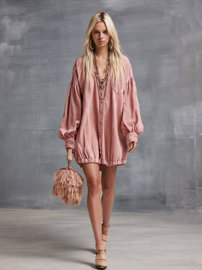 Casual-Chic Dusty Pink Denim Button-Front Long-Sleeve Mini Dress
