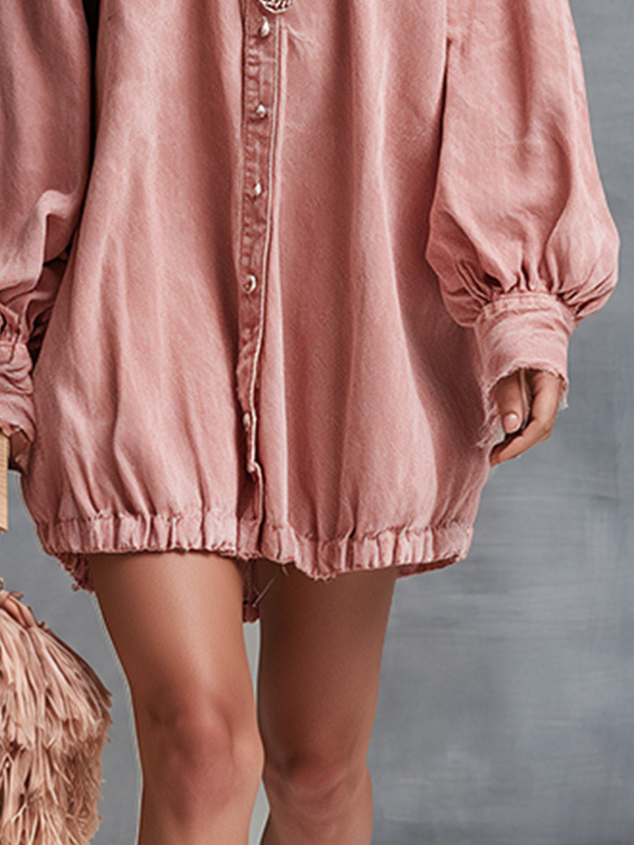 Casual-Chic Dusty Pink Denim Button-Front Long-Sleeve Mini Dress