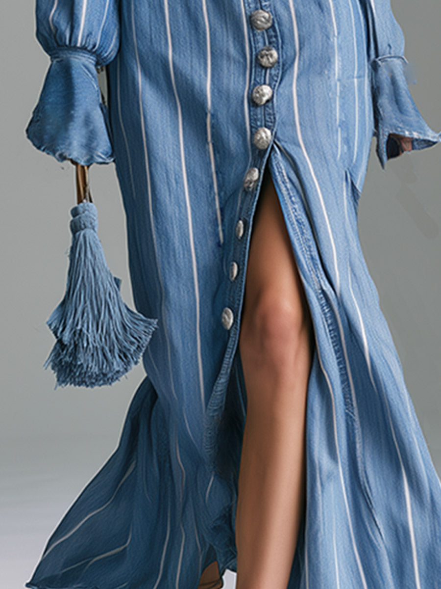 Vintage-style Elegant Blue Striped Denim Single-breasted Long-sleeved Maxi Dress