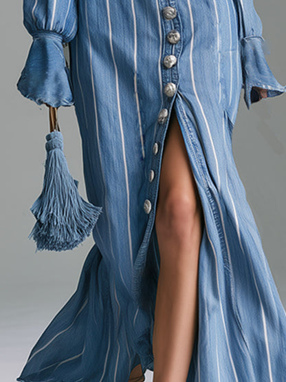 Vintage-style Elegant Blue Striped Denim Single-breasted Long-sleeved Maxi Dress