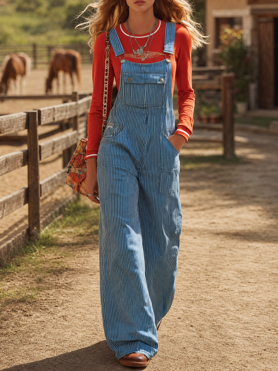 Blue And White Striped Denim Overalls Featuring An American Vintage Workwear Style Adjustable Shoulder Straps And A Loose Wide-leg Jumpsuit Silhouette