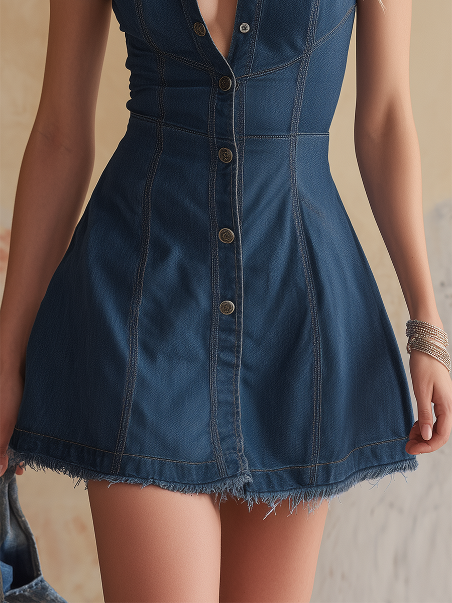Western-style Collared Puff-sleeve Raw-edge Slim-fit Denim Dress