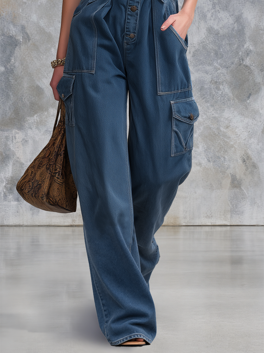American Retro-Style Patchwork Off-Shoulder Wide-Leg Denim Jumpsuit With Spaghetti Straps