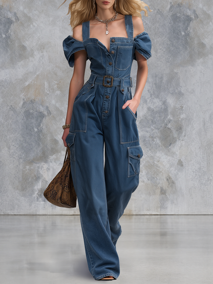 American Retro-Style Patchwork Off-Shoulder Wide-Leg Denim Jumpsuit With Spaghetti Straps