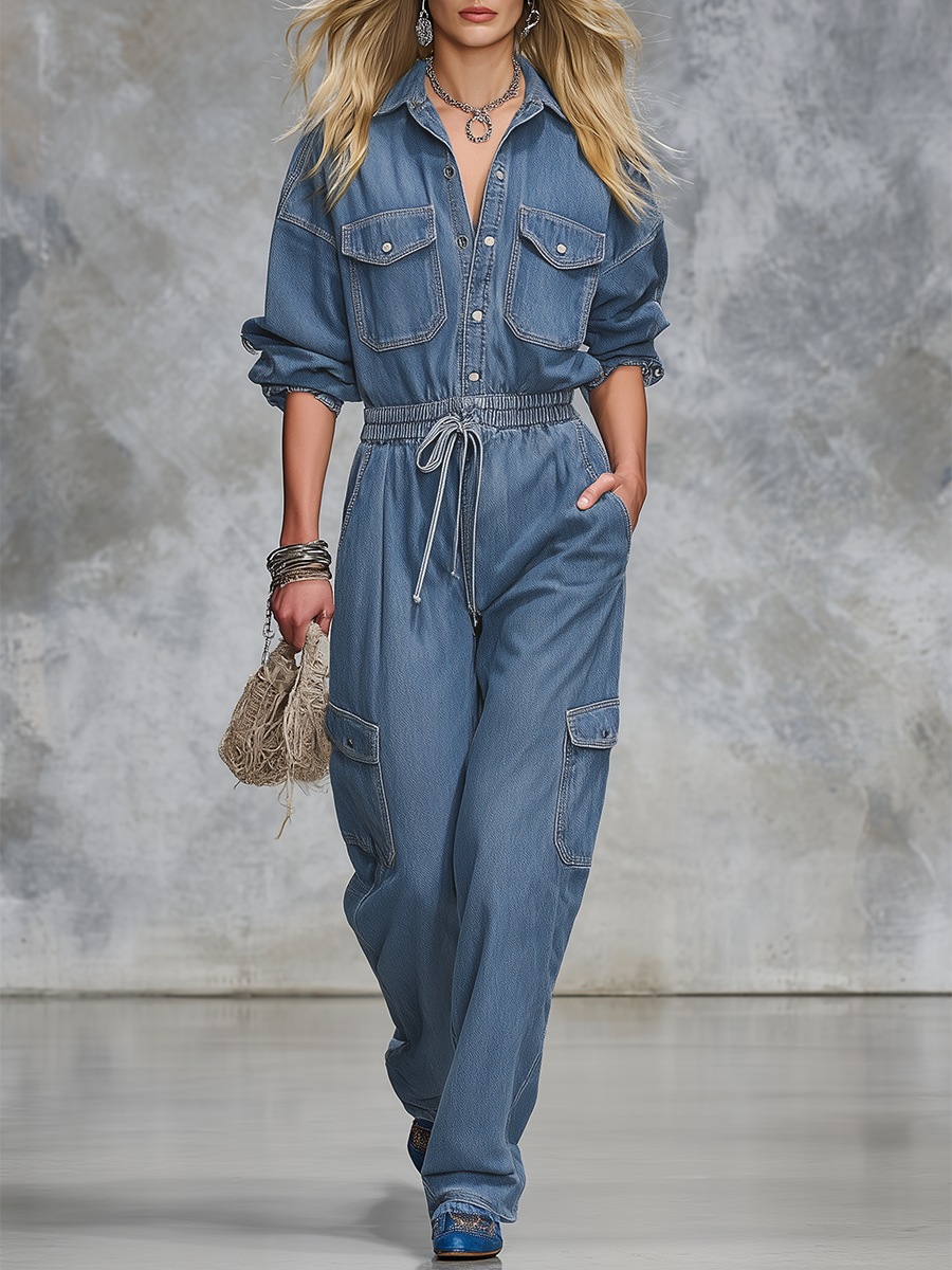Western-style V-neck Denim Jumpsuit With Multiple Pockets And A Drawstring Waist