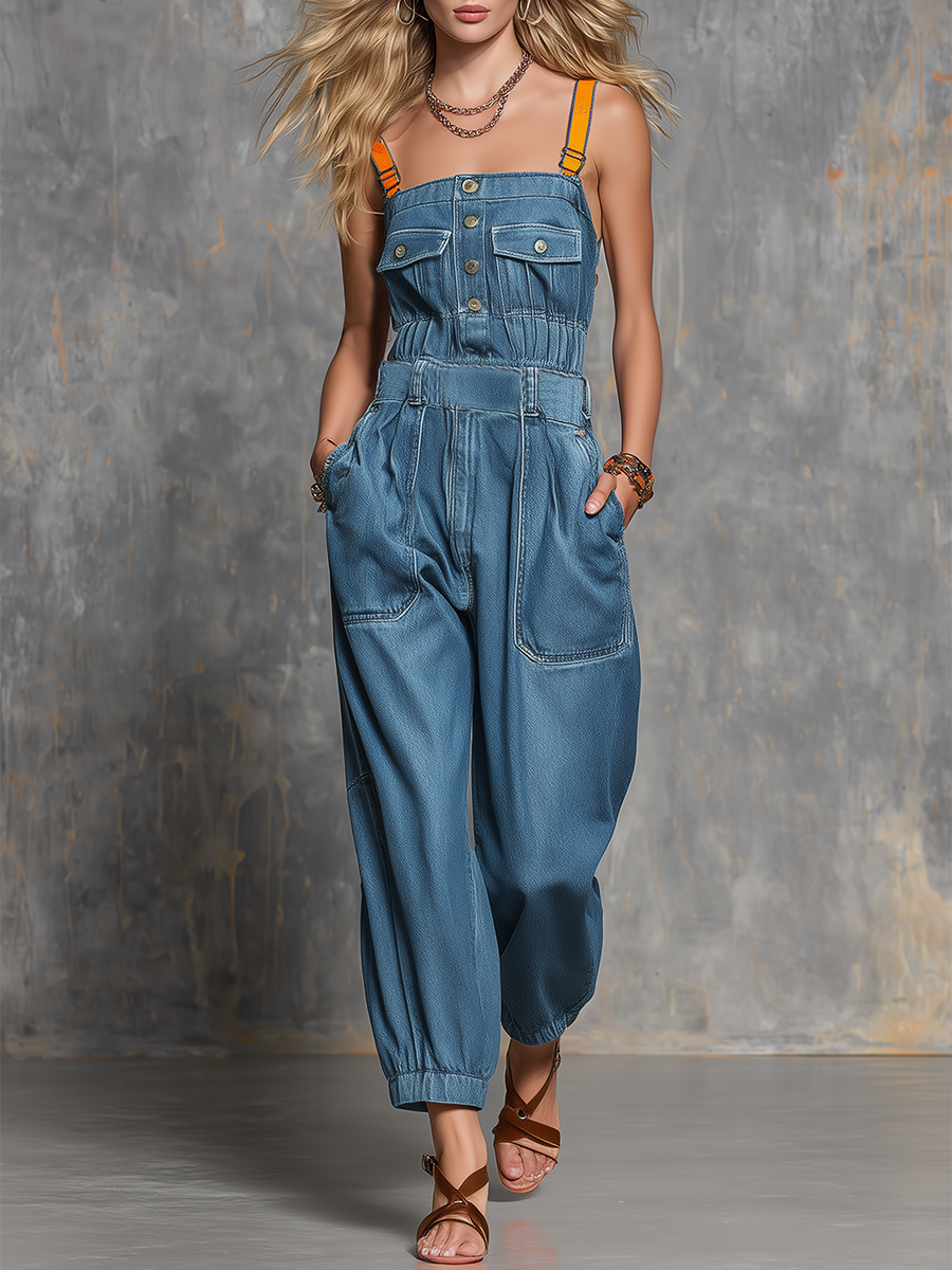 American Vintage Contrast-strap Gathered Denim Jumpsuit
