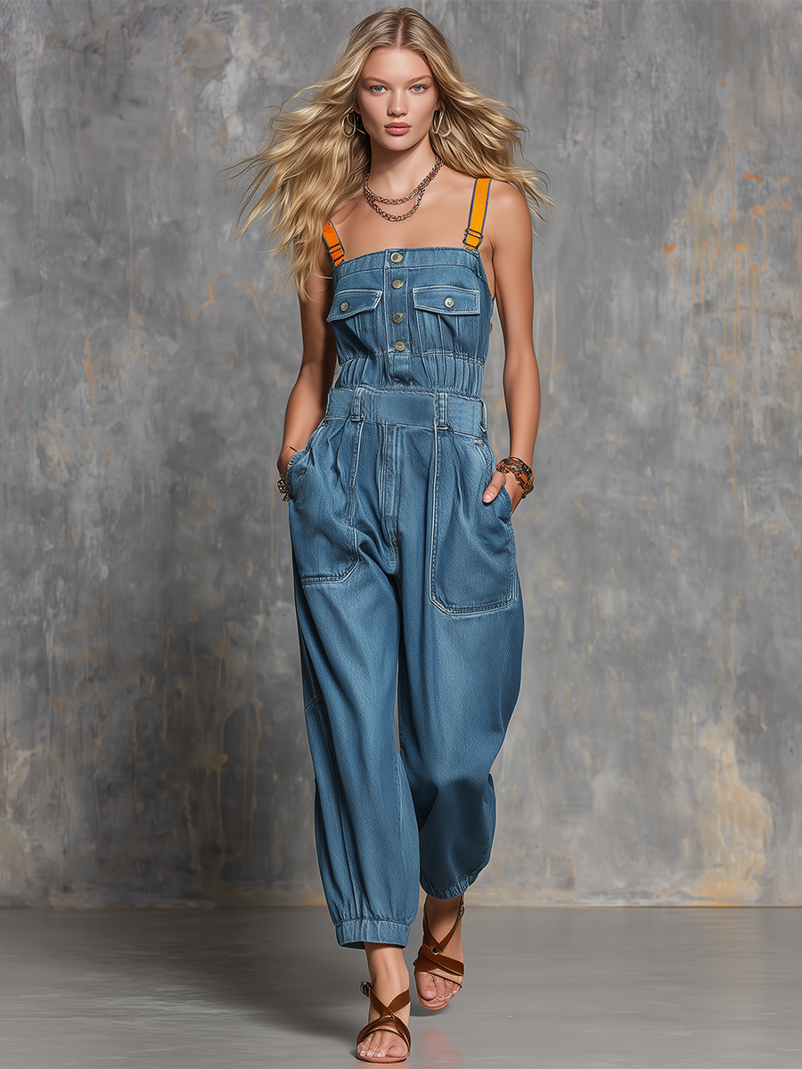 American Vintage Contrast-strap Gathered Denim Jumpsuit