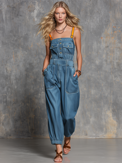 American Vintage Contrast-strap Gathered Denim Jumpsuit
