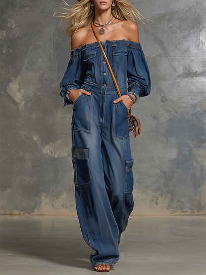 Western Off-the-shoulder Utility-pocket Raw-hem Wide-leg Denim Jumpsuit