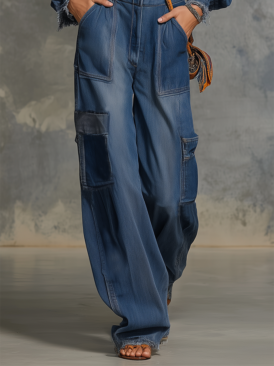 Western Off-the-shoulder Utility-pocket Raw-hem Wide-leg Denim Jumpsuit