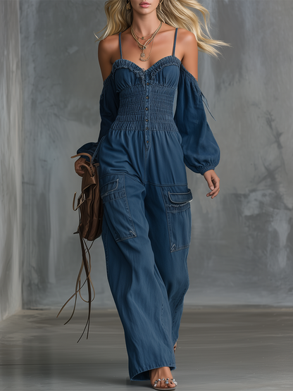 Western Off-shoulder Gathered Lantern-sleeve Cinched-waist Denim Jumpsuit