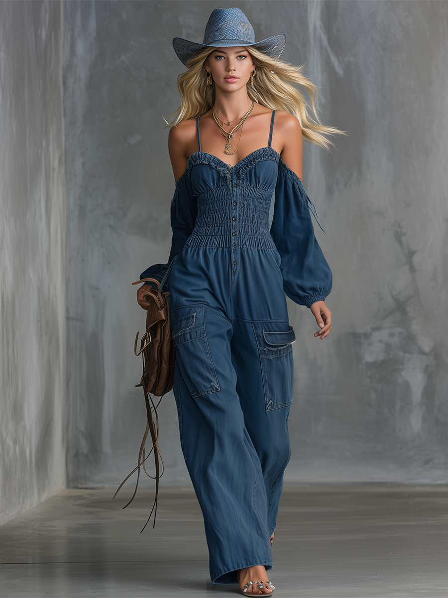 Western Off-shoulder Gathered Lantern-sleeve Cinched-waist Denim Jumpsuit