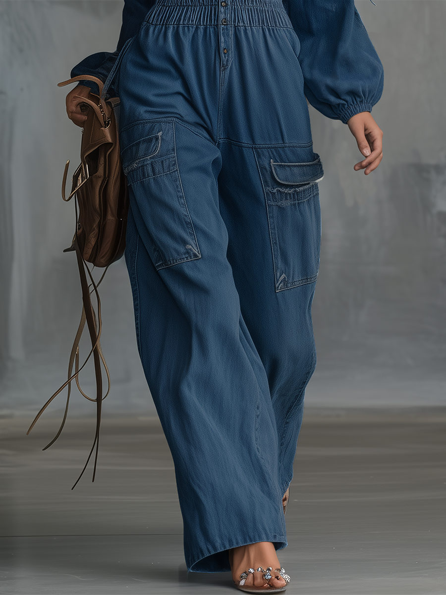 Western Off-shoulder Gathered Lantern-sleeve Cinched-waist Denim Jumpsuit