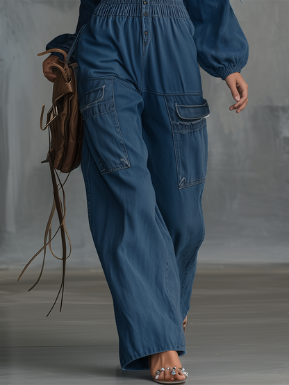 Western Off-shoulder Gathered Lantern-sleeve Cinched-waist Denim Jumpsuit