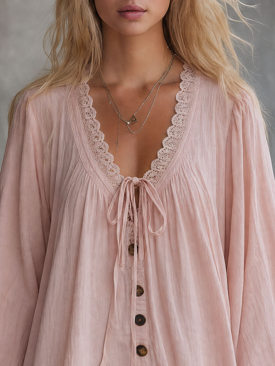 Vintage Lace-trimmed Pink V-neck Long-sleeved Ruffled Cotton-linen Mini Dress