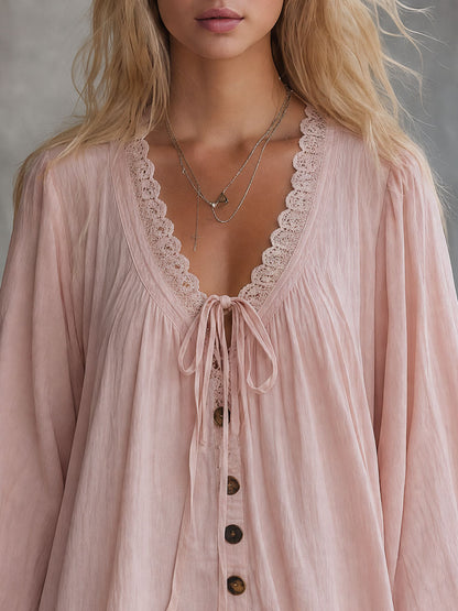 Vintage Lace-trimmed Pink V-neck Long-sleeved Ruffled Cotton-linen Mini Dress