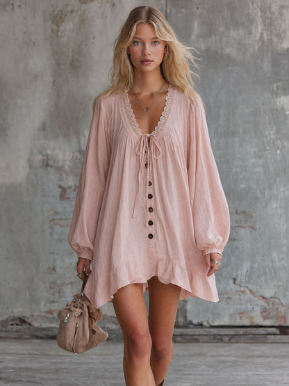 Vintage Lace-trimmed Pink V-neck Long-sleeved Ruffled Cotton-linen Mini Dress