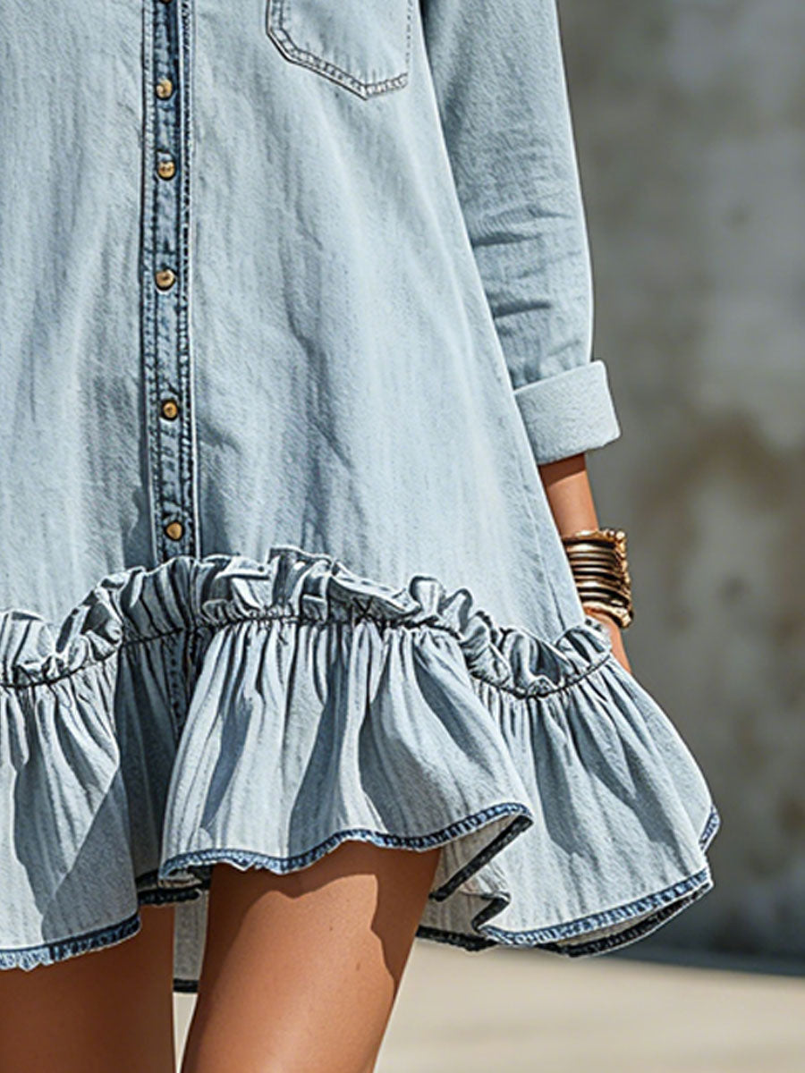 Casual Retro Light Blue Denim Long-sleeved Ruffle Mini Dress