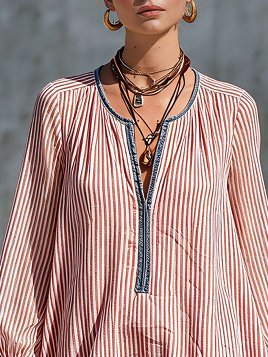 Casual Retro Ruffled Red And White Striped Cotton Linen Long-sleeved Mini Dress