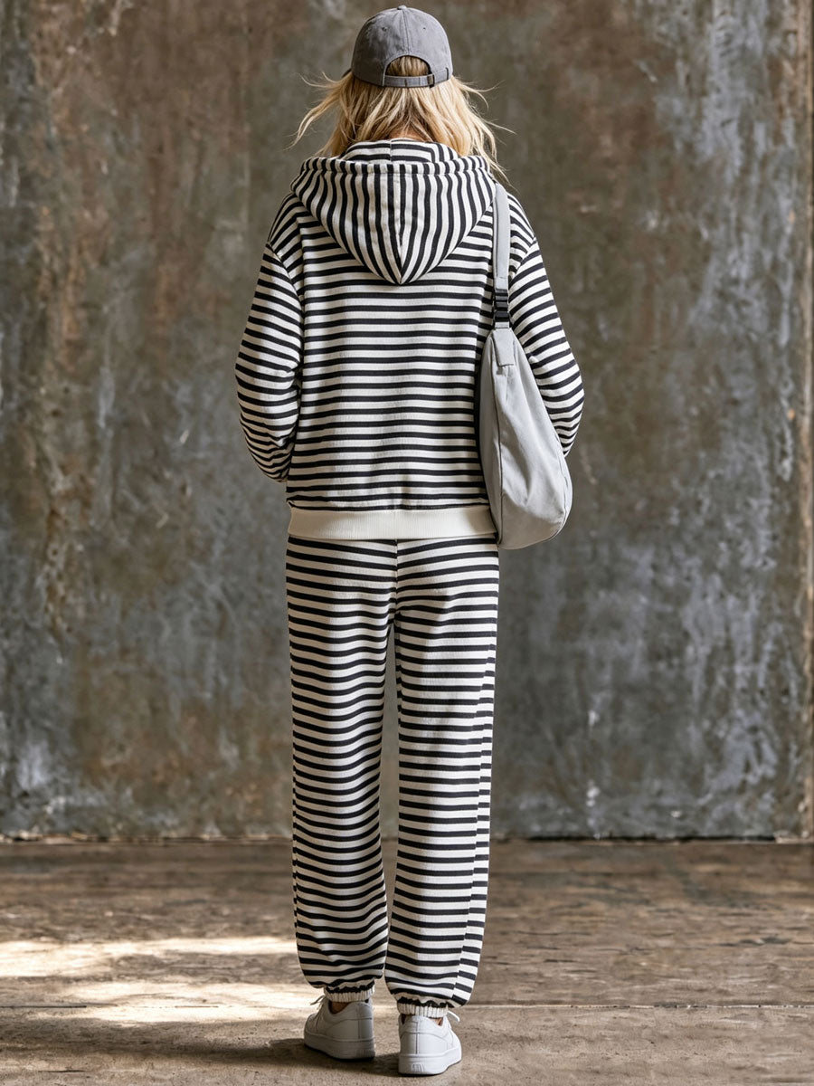 Casual Sporty Retro Cotton Black And White Striped Hooded Sweatshirt And Pants Set